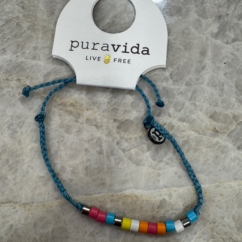 Pura Vida Teal Braided Bracelet with Rainbow Beads